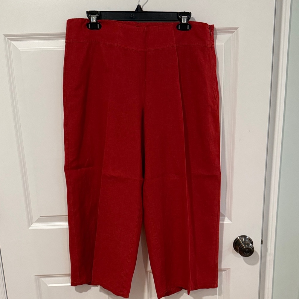Eileen Fisher Vibrant Red Linen Wide Leg Cropped Pants